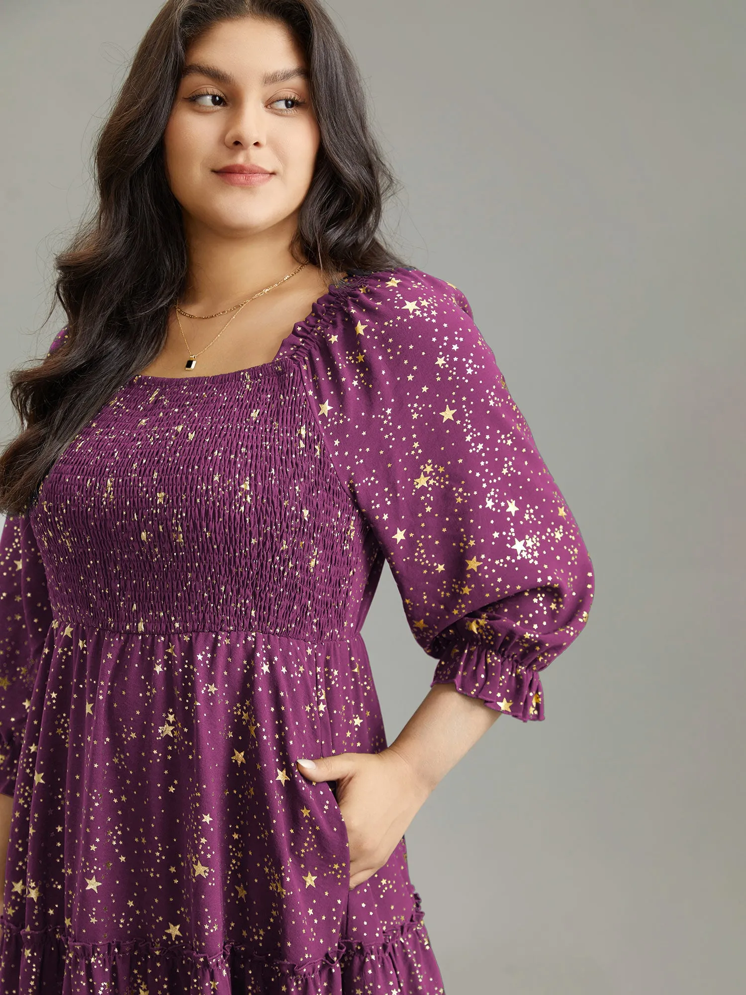 Shirred Star Glitter Frill Trim Raglan Sleeve Dress sold by Bloomchic product image thumbnail 4