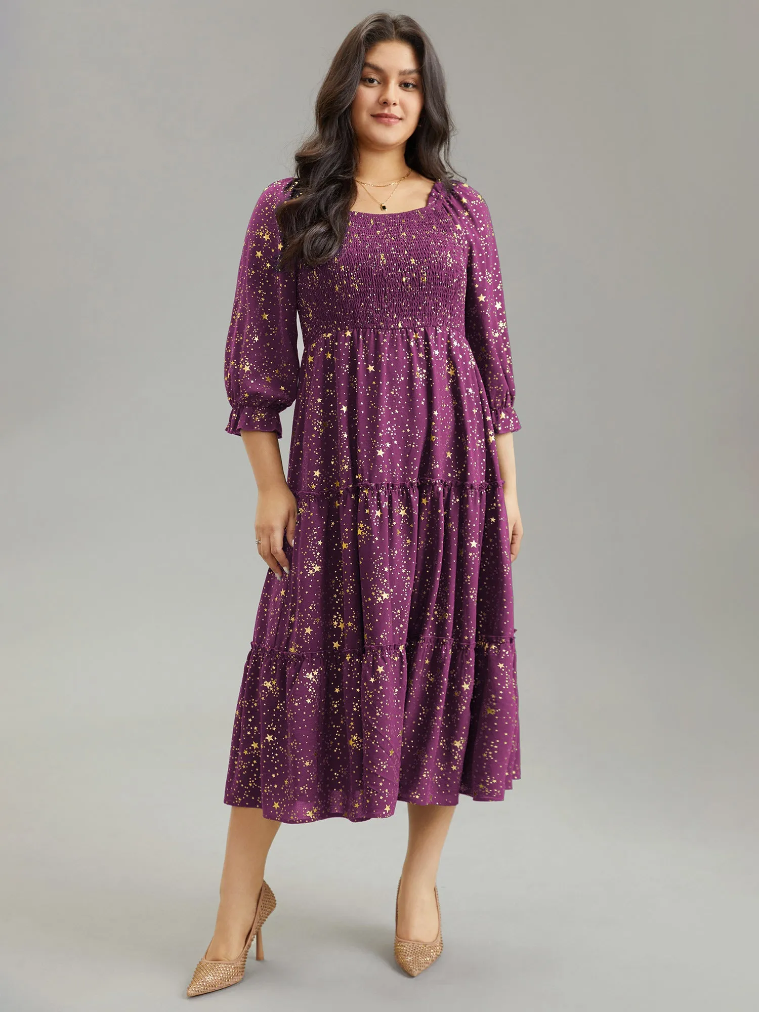 Shirred Star Glitter Frill Trim Raglan Sleeve Dress sold by Bloomchic product image thumbnail 2