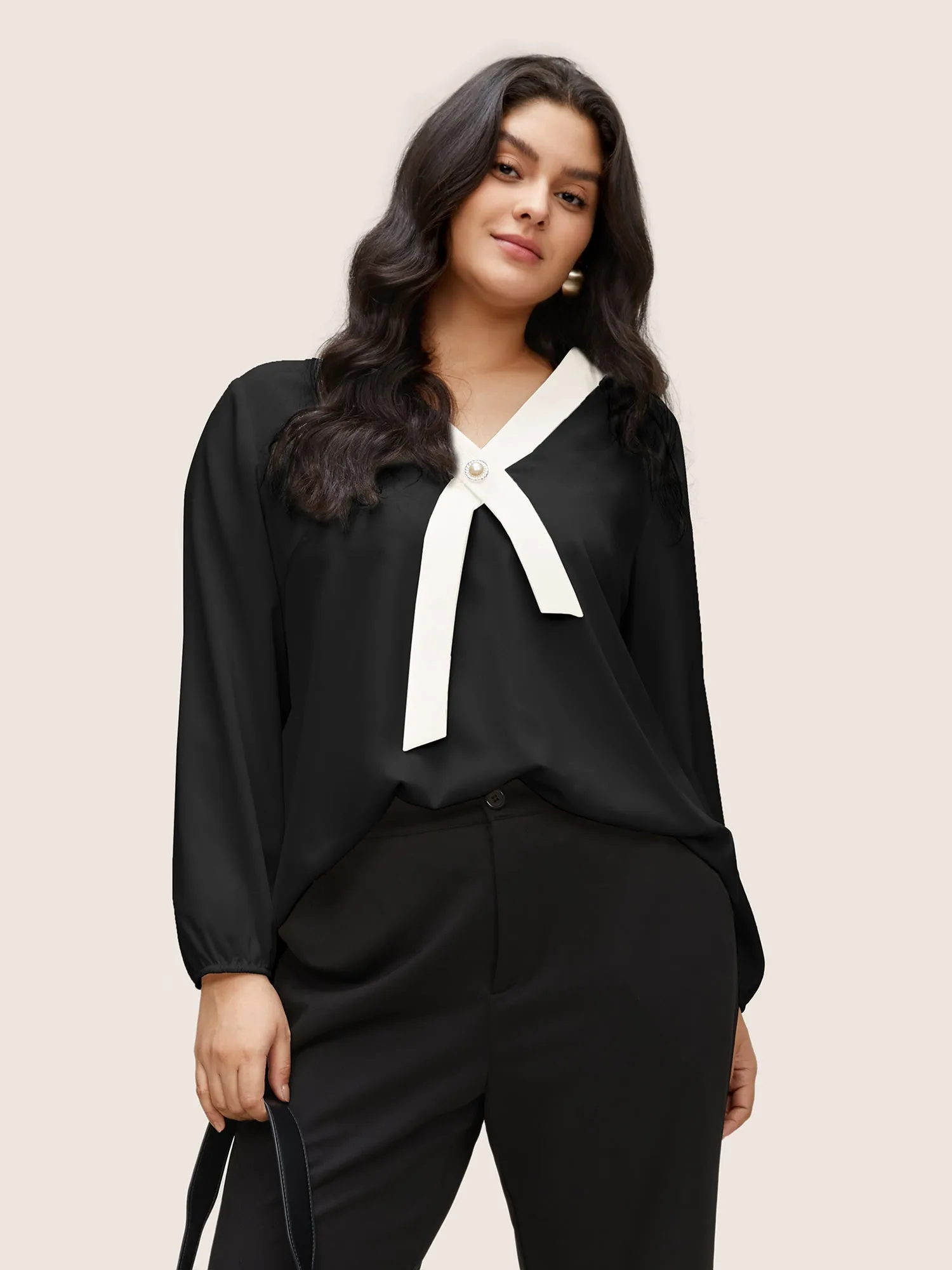 Contrast Pearl Decor Tie Decoration Blouse sold by Bloomchic product image thumbnail 2