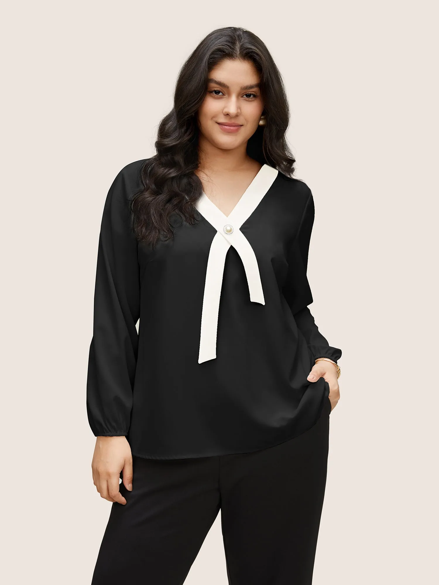 Contrast Pearl Decor Tie Decoration Blouse sold by Bloomchic