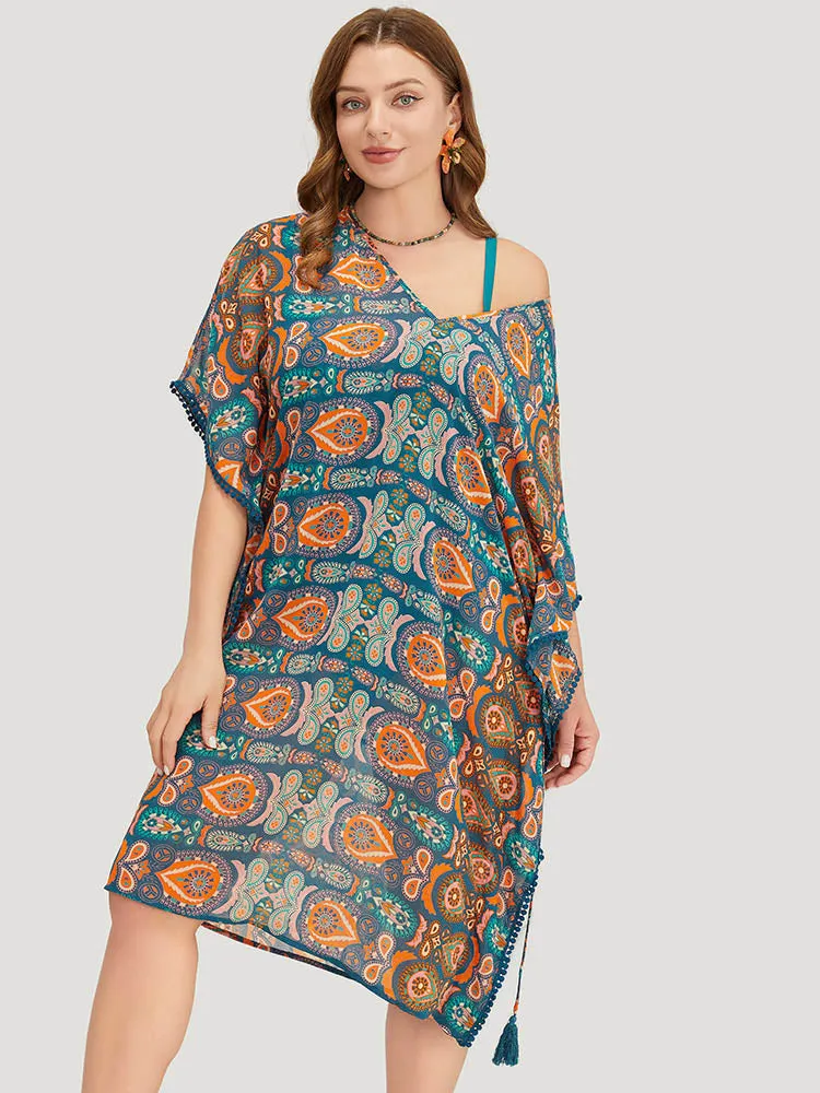 Paisley Print Dolman Sleeve Tassels Pompom Trim Cover Up sold by Bloomchic product image thumbnail 3