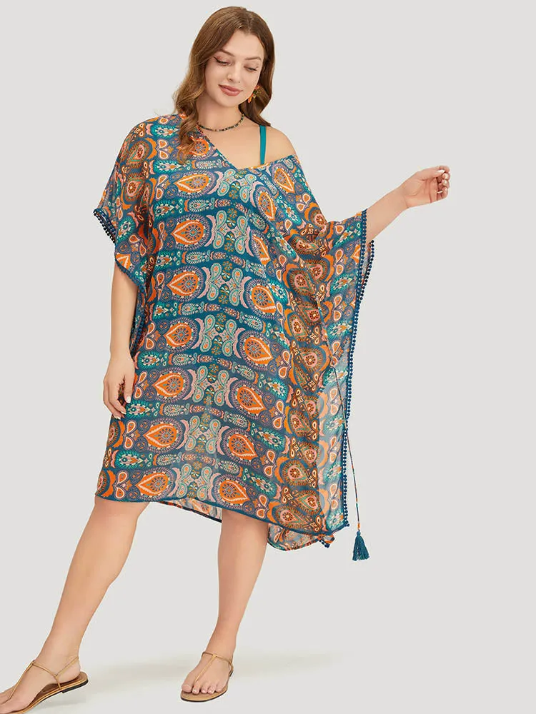 Paisley Print Dolman Sleeve Tassels Pompom Trim Cover Up sold by Bloomchic product image thumbnail 2