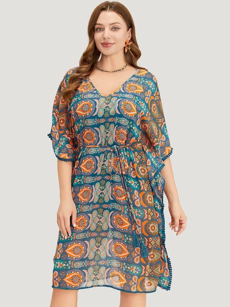 Paisley Print Dolman Sleeve Tassels Pompom Trim Cover Up sold by Bloomchic product image thumbnail 4