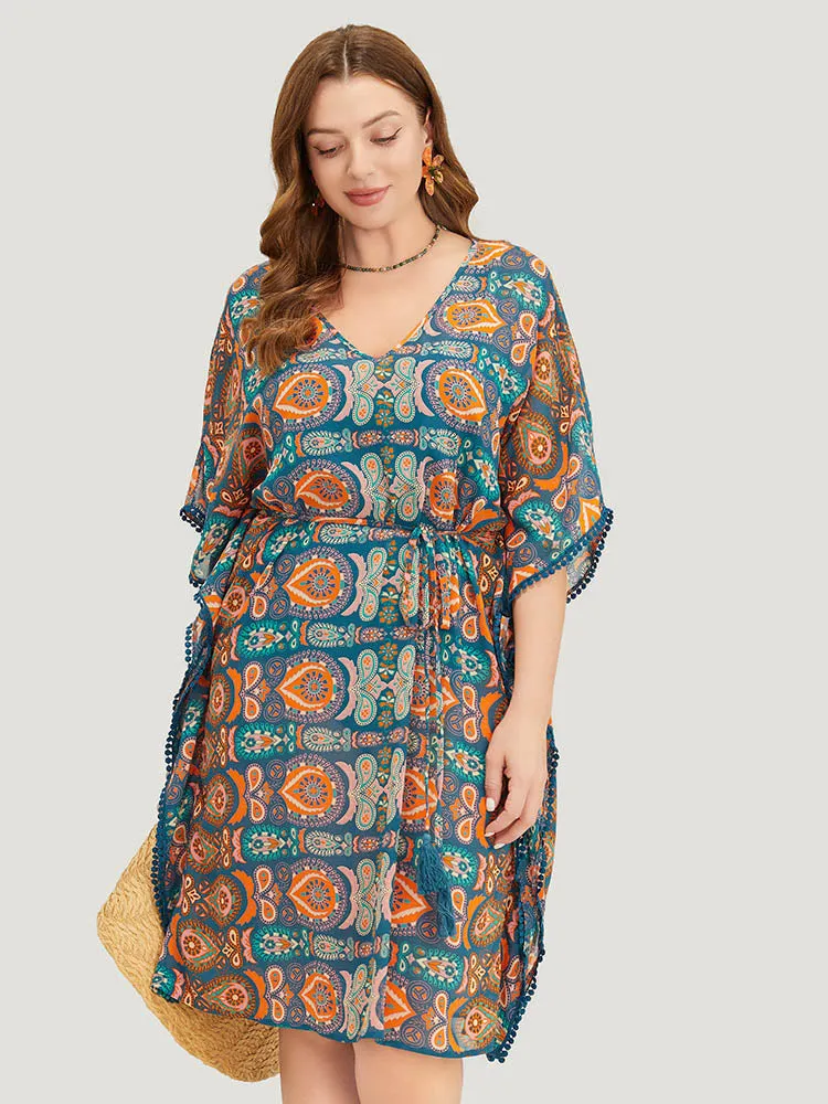 Paisley Print Dolman Sleeve Tassels Pompom Trim Cover Up sold by Bloomchic product image thumbnail 5