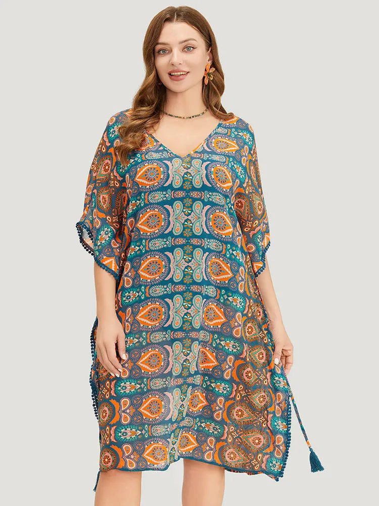 Paisley Print Dolman Sleeve Tassels Pompom Trim Cover Up sold by Bloomchic