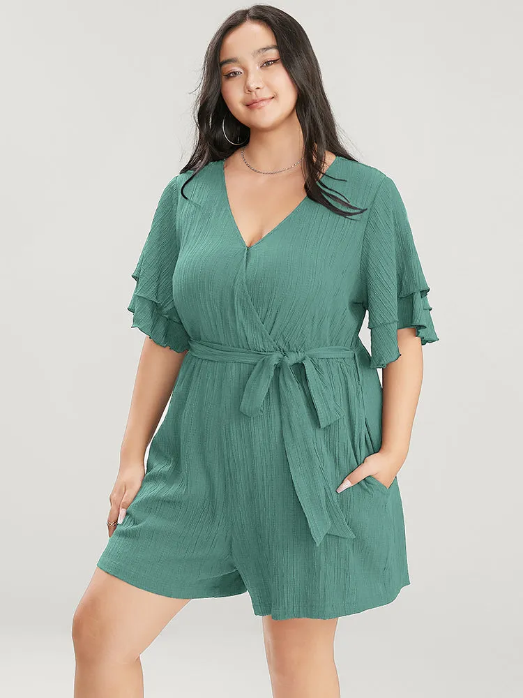 Plain Surplice Neck Ruffle Sleeve Pocket Belted Romper sold by Bloomchic product image thumbnail 3