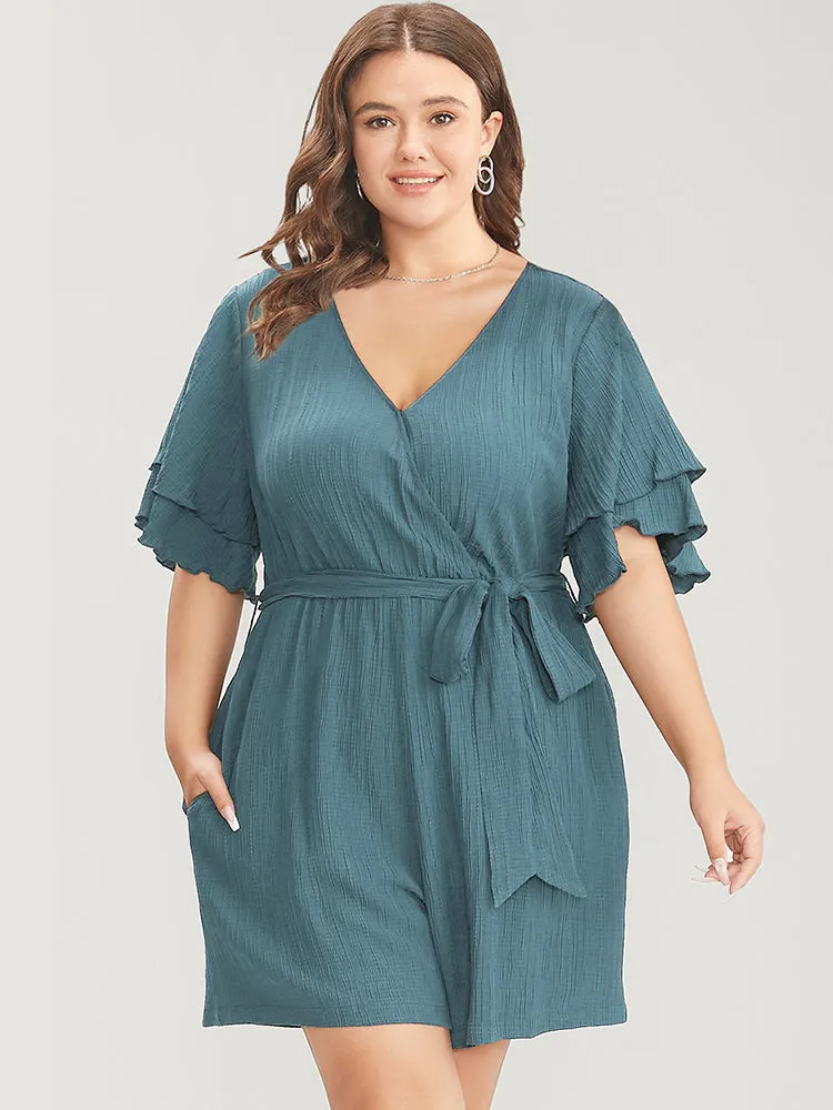 Plain Surplice Neck Ruffle Sleeve Pocket Belted Romper sold by Bloomchic product image thumbnail 5