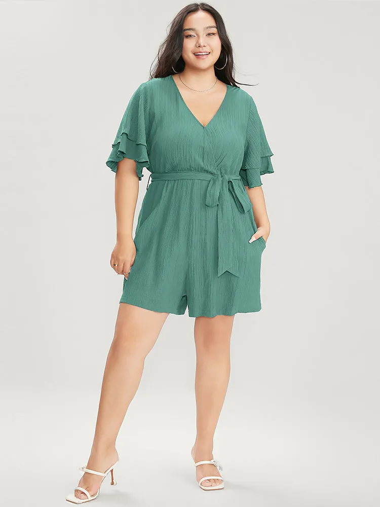 Plain Surplice Neck Ruffle Sleeve Pocket Belted Romper sold by Bloomchic product image thumbnail 2