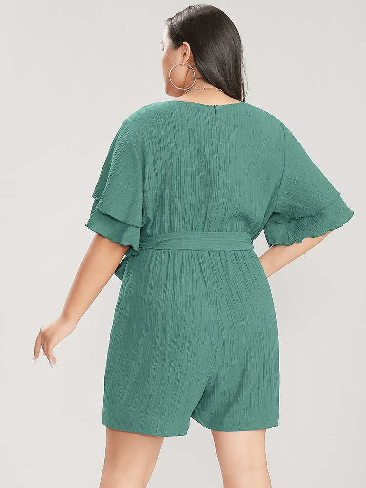 Plain Surplice Neck Ruffle Sleeve Pocket Belted Romper sold by Bloomchic product image thumbnail 4