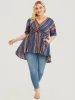 Striped Contrast Shirred Wrap High Low Hem Pocket Blouse sold by Bloomchic