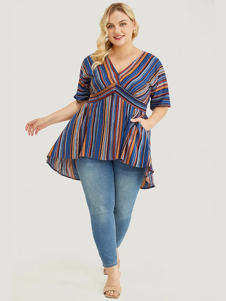 Striped Contrast Shirred Wrap High Low Hem Pocket Blouse sold by Bloomchic product image thumbnail 3