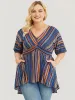 Striped Contrast Shirred Wrap High Low Hem Pocket Blouse sold by Bloomchic