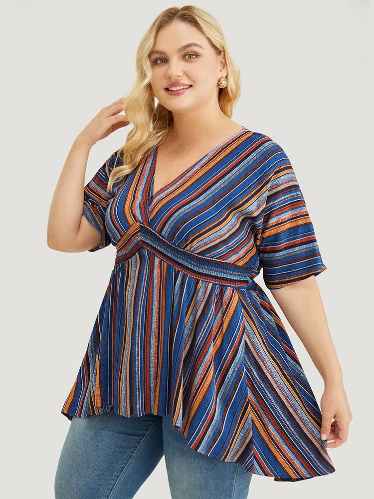 Striped Contrast Shirred Wrap High Low Hem Pocket Blouse sold by Bloomchic product image thumbnail 2