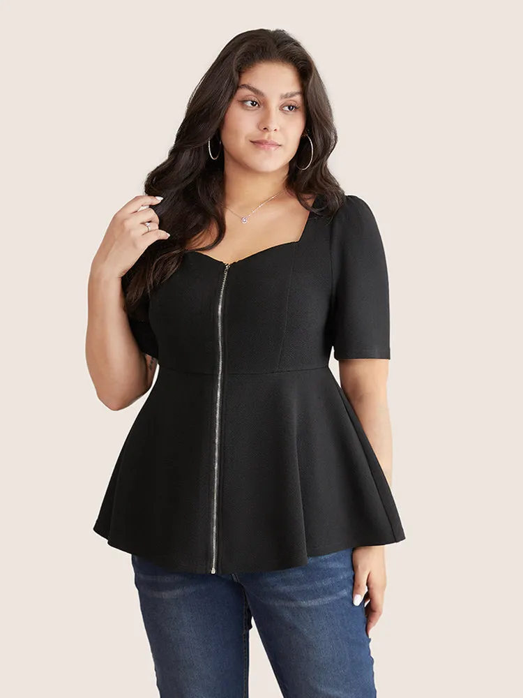 Square Neck Zipper Gathered Puff Sleeve Blouse sold by Bloomchic