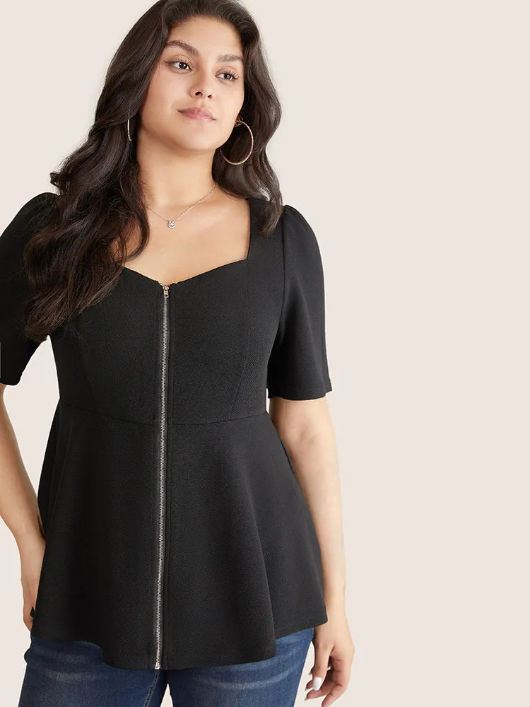 Square Neck Zipper Gathered Puff Sleeve Blouse sold by Bloomchic product image thumbnail 5