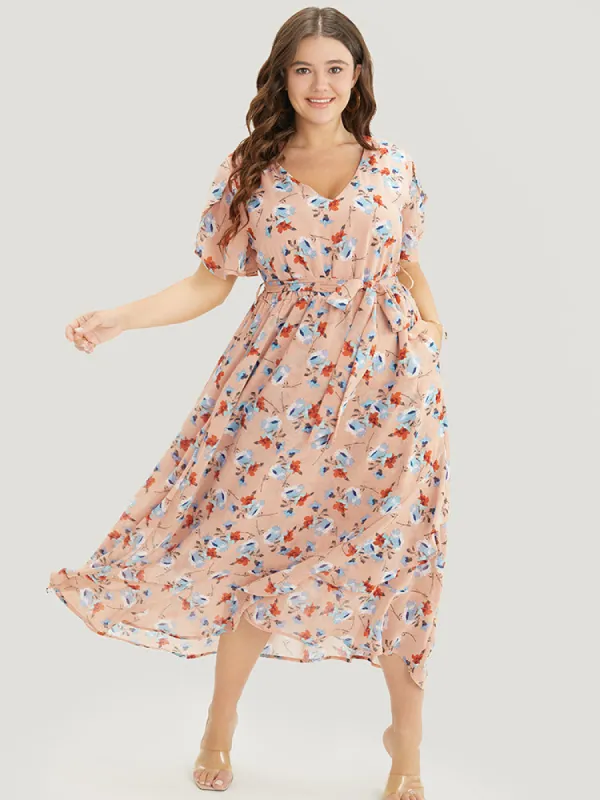 Floral Pocket Ruffles Split Sleeve Asymmetrical Hem Dress sold by Bloomchic