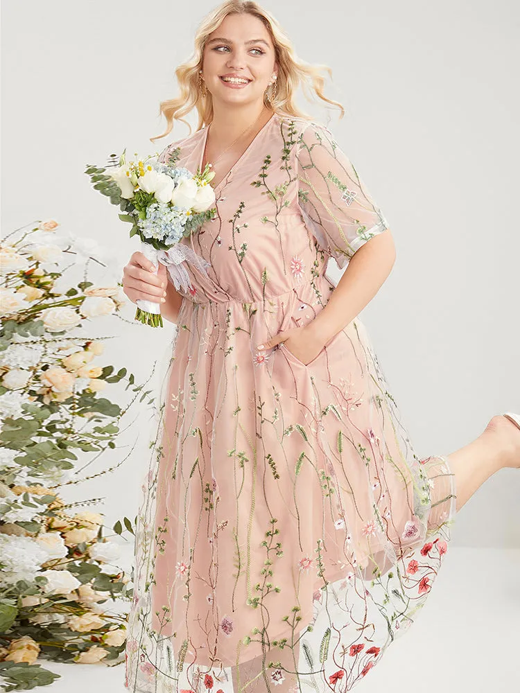 Floral Embroidered Pocket Mesh Elastic Waist Surplice Neck Dress sold by Bloomchic product image thumbnail 5