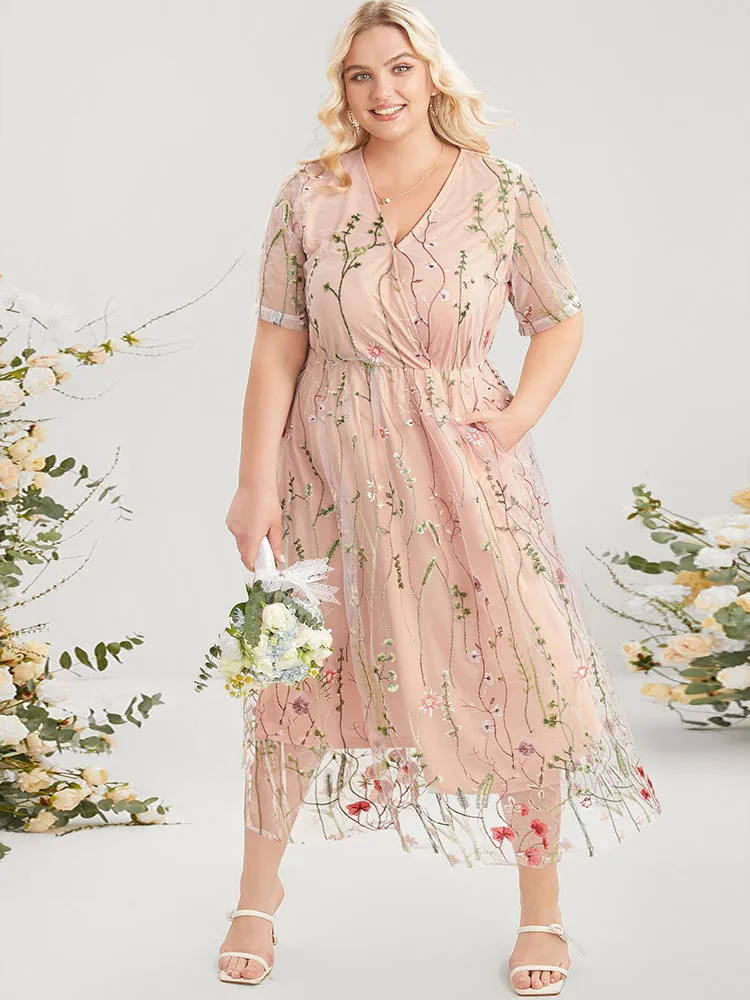 Floral Embroidered Pocket Mesh Elastic Waist Surplice Neck Dress sold by Bloomchic product image thumbnail 4