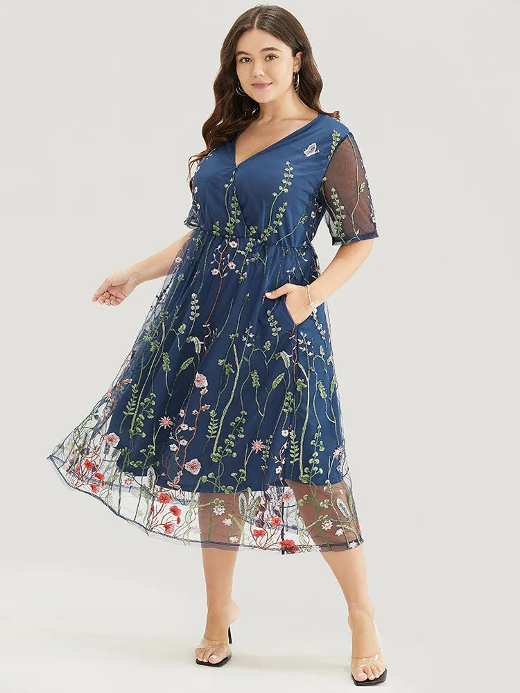 Floral Embroidered Pocket Mesh Elastic Waist Surplice Neck Dress sold by Bloomchic product image thumbnail 2