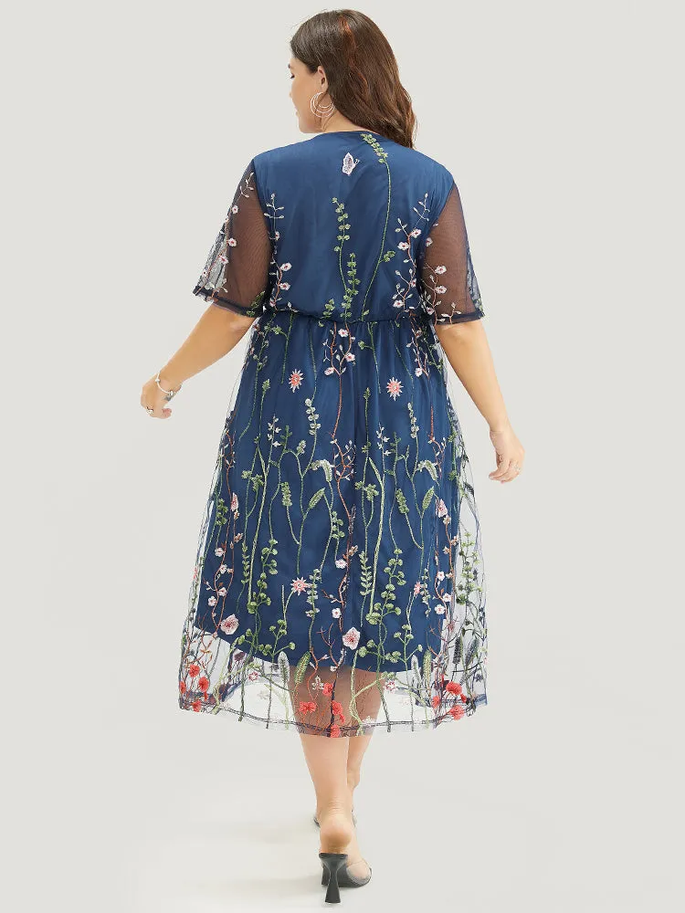 Floral Embroidered Pocket Mesh Elastic Waist Surplice Neck Dress sold by Bloomchic product image thumbnail 3