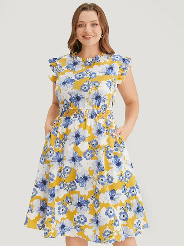 Floral Shirred Mock Neck Ruffle Trim Pocket Flutter Dress sold by Bloomchic