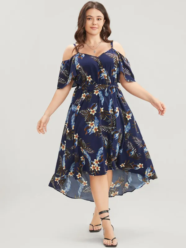 Floral Cold Shoulder Pocket Ruffle Belted High Low Hem Dress sold by Bloomchic