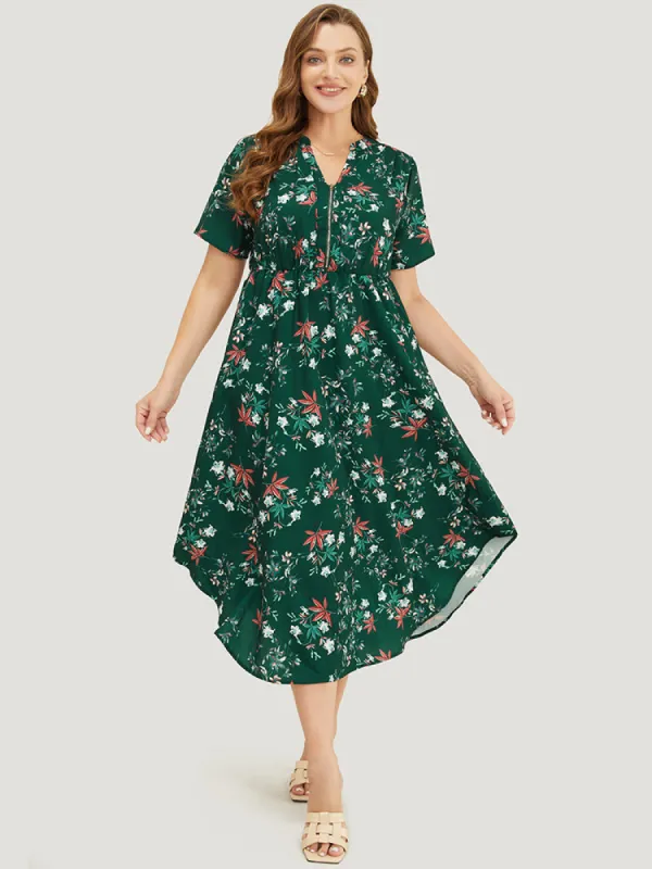 Floral Ruffles Half Zipper Pocket Arc Hem Dress sold by Bloomchic