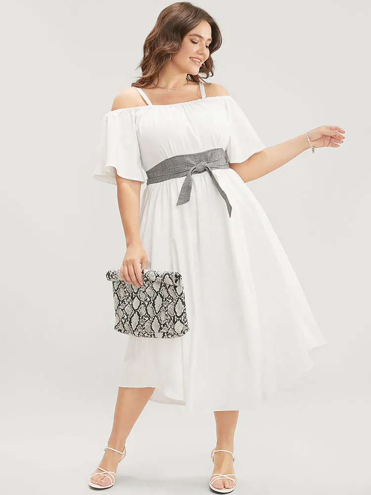 Plaid Patchwork Cold Shoulder Pocket Knotted Ruffles Arc Hem Dress sold by Bloomchic product image thumbnail 2