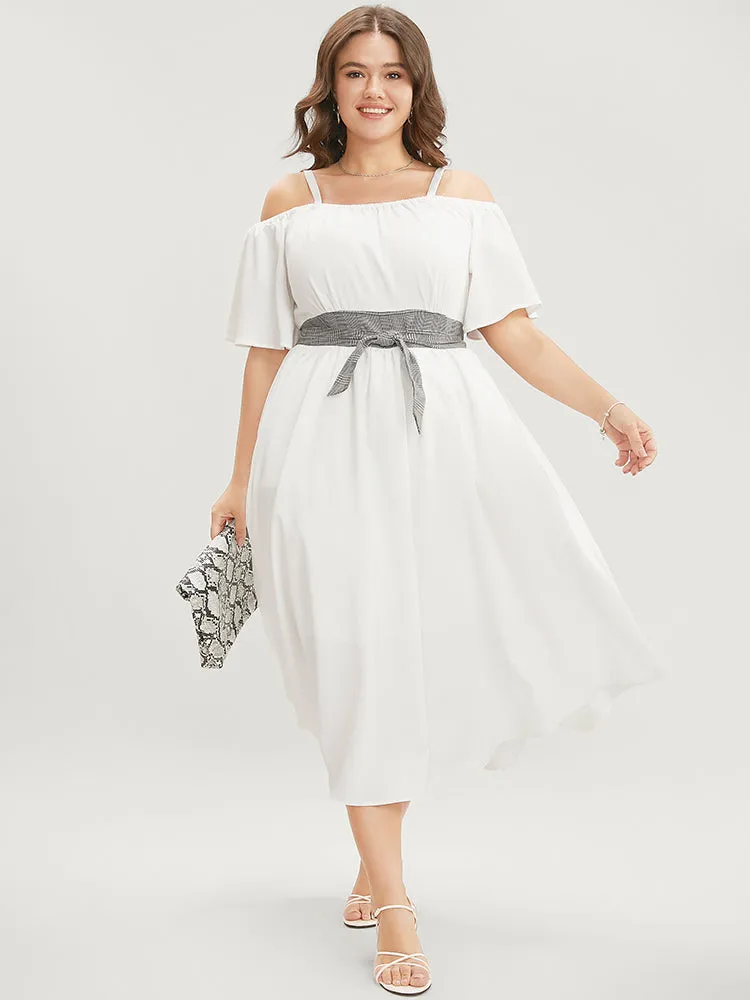 Plaid Patchwork Cold Shoulder Pocket Knotted Ruffles Arc Hem Dress sold by Bloomchic