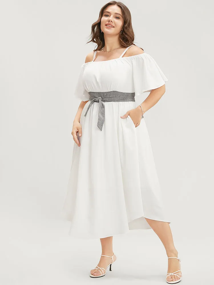 Plaid Patchwork Cold Shoulder Pocket Knotted Ruffles Arc Hem Dress sold by Bloomchic product image thumbnail 5