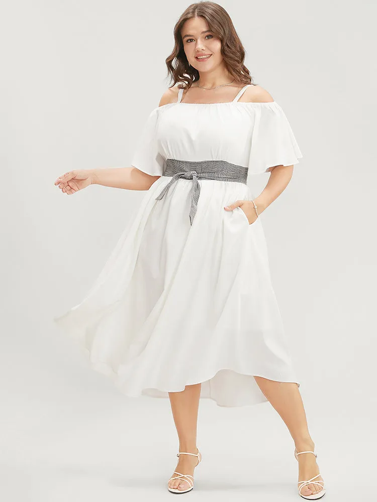 Plaid Patchwork Cold Shoulder Pocket Knotted Ruffles Arc Hem Dress sold by Bloomchic product image thumbnail 4