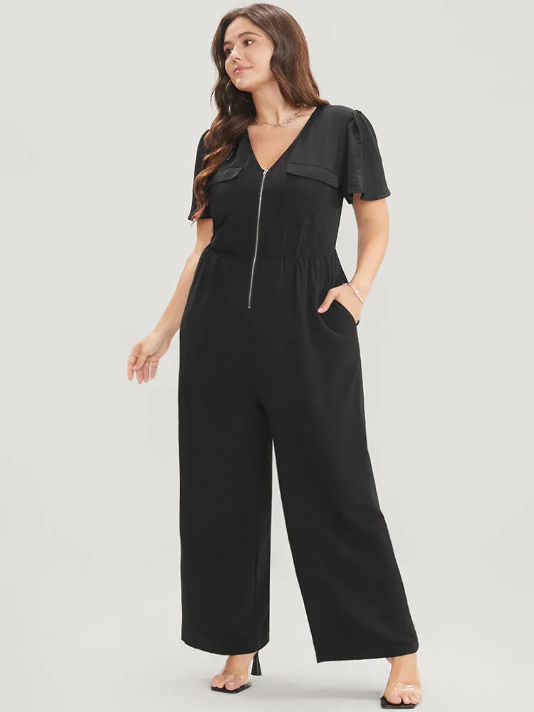 Solid Zip Up Pocket Ruffle Sleeve Jumpsuit sold by Bloomchic
