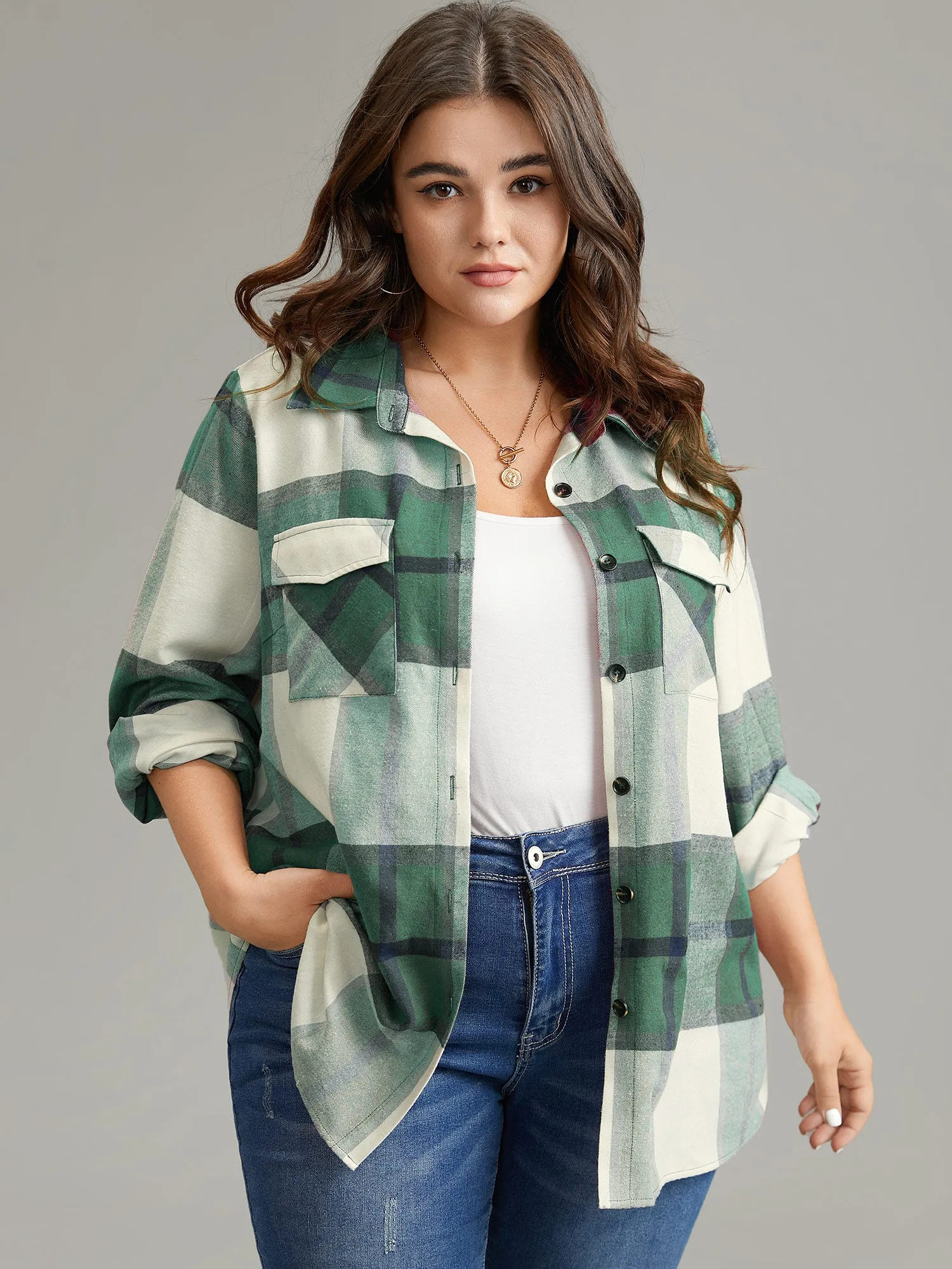 Plaid Shirt Collar Button Through Flap Detail Blouse sold by Bloomchic