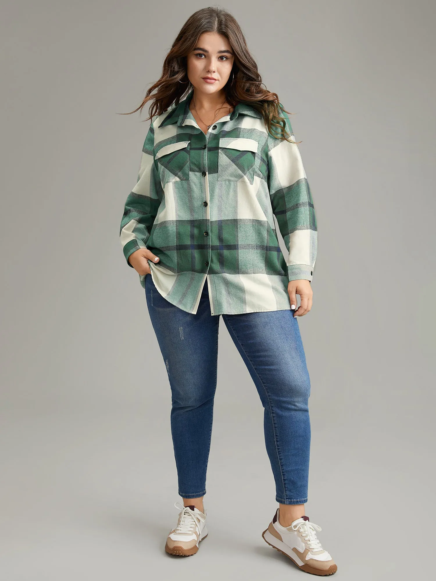 Plaid Shirt Collar Button Through Flap Detail Blouse sold by Bloomchic product image thumbnail 3