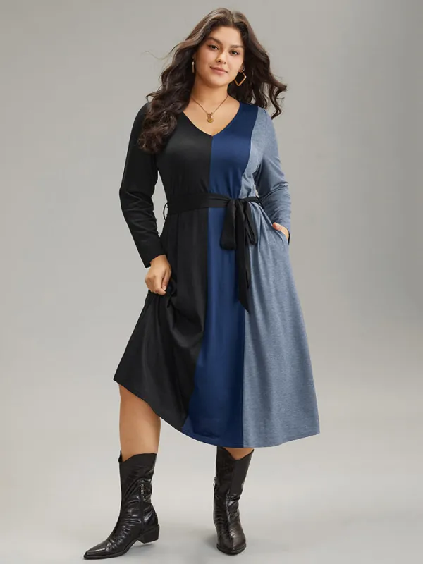 Colorblock Patchwork Belted Pocket Long Sleeve Dress sold by Bloomchic