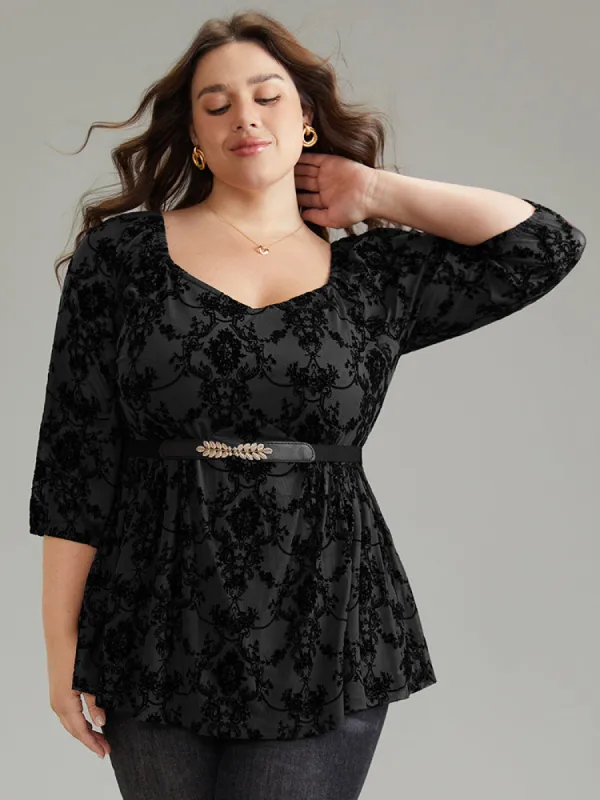 Silhouette Floral Print Contrast Flocking Square Neck Blouse sold by Bloomchic