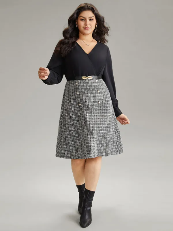 Gingham Coarse Tweed Pocket Overlap Collar Dress sold by Bloomchic