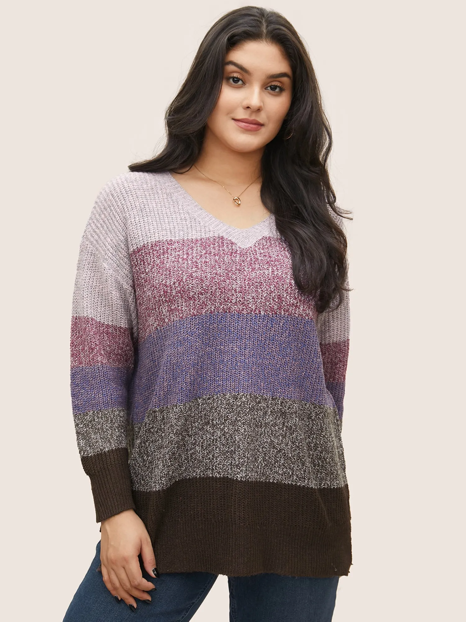 Heather Colorblock V Neck Split Hem Pullover sold by Bloomchic