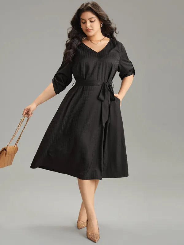 Plisse Roll Tab Sleeve Jacquard Pocket Belted Dress sold by Bloomchic