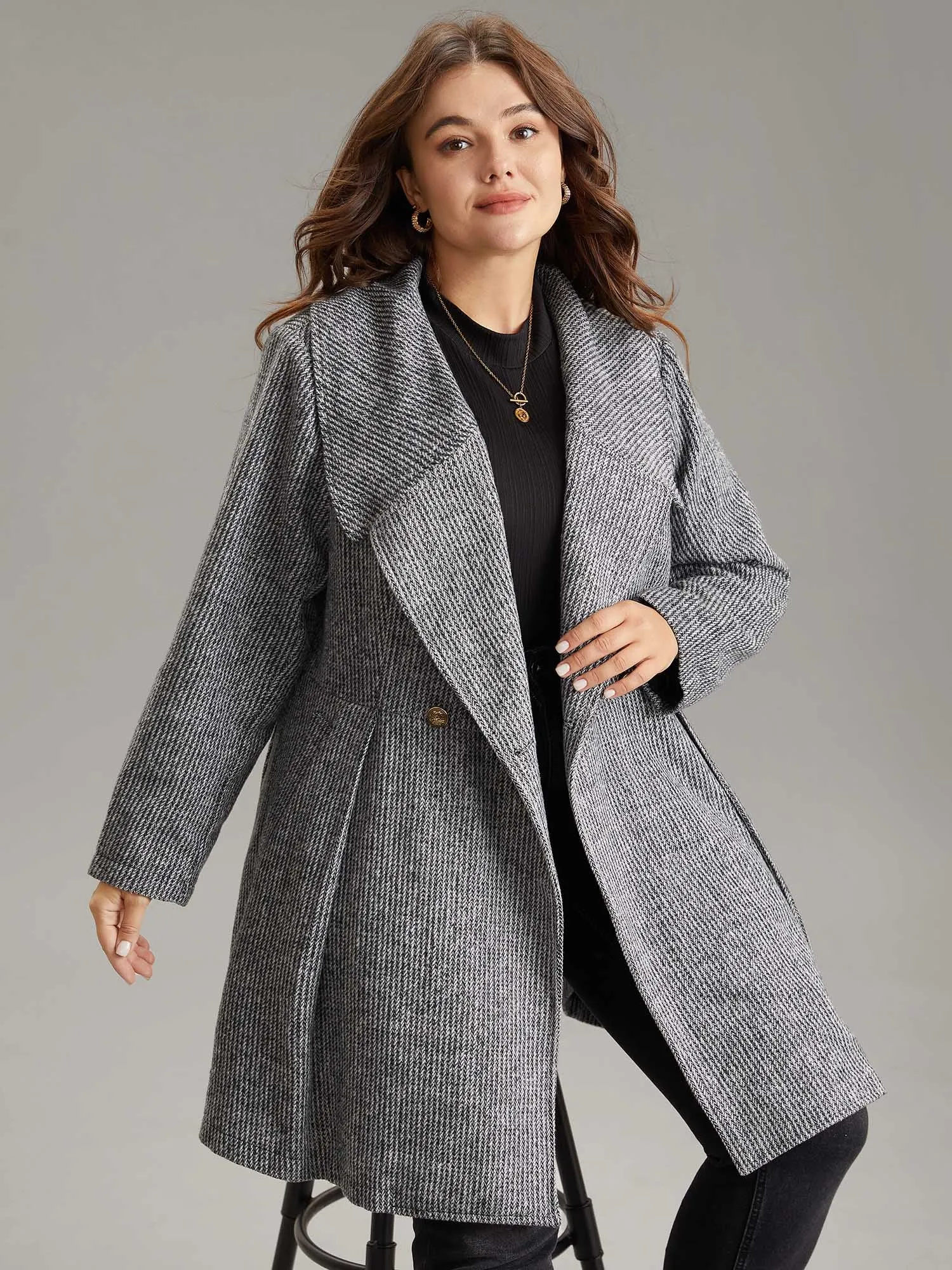 Tweed Lapel Collar Double Breasted Plicated Detail Coat sold by Bloomchic product image thumbnail 2