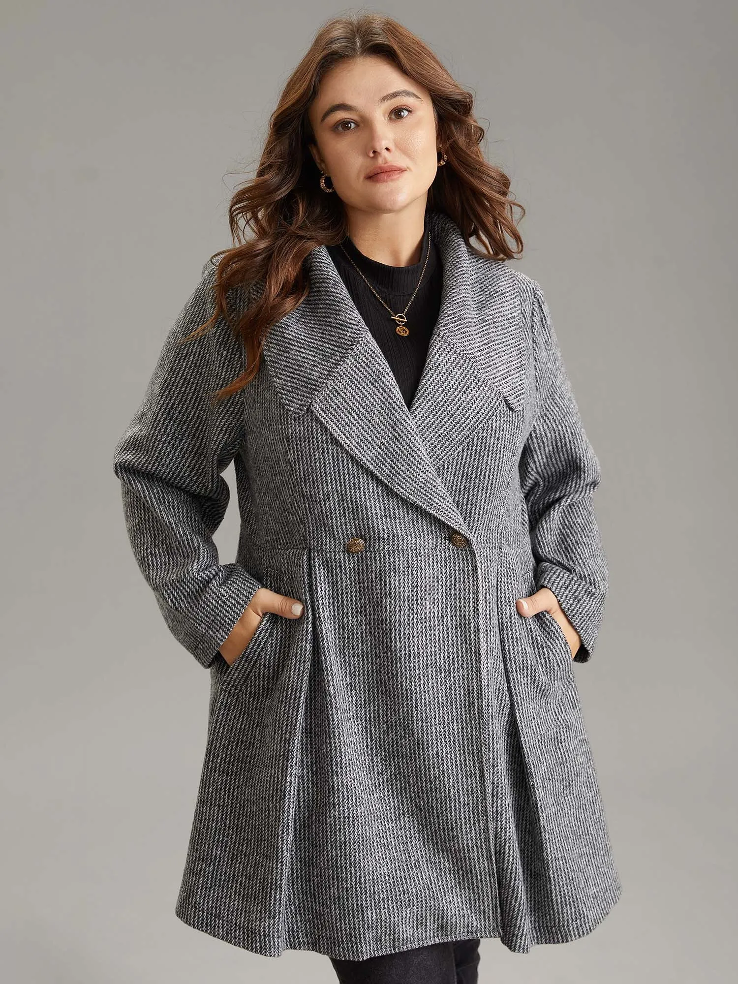 Tweed Lapel Collar Double Breasted Plicated Detail Coat sold by Bloomchic