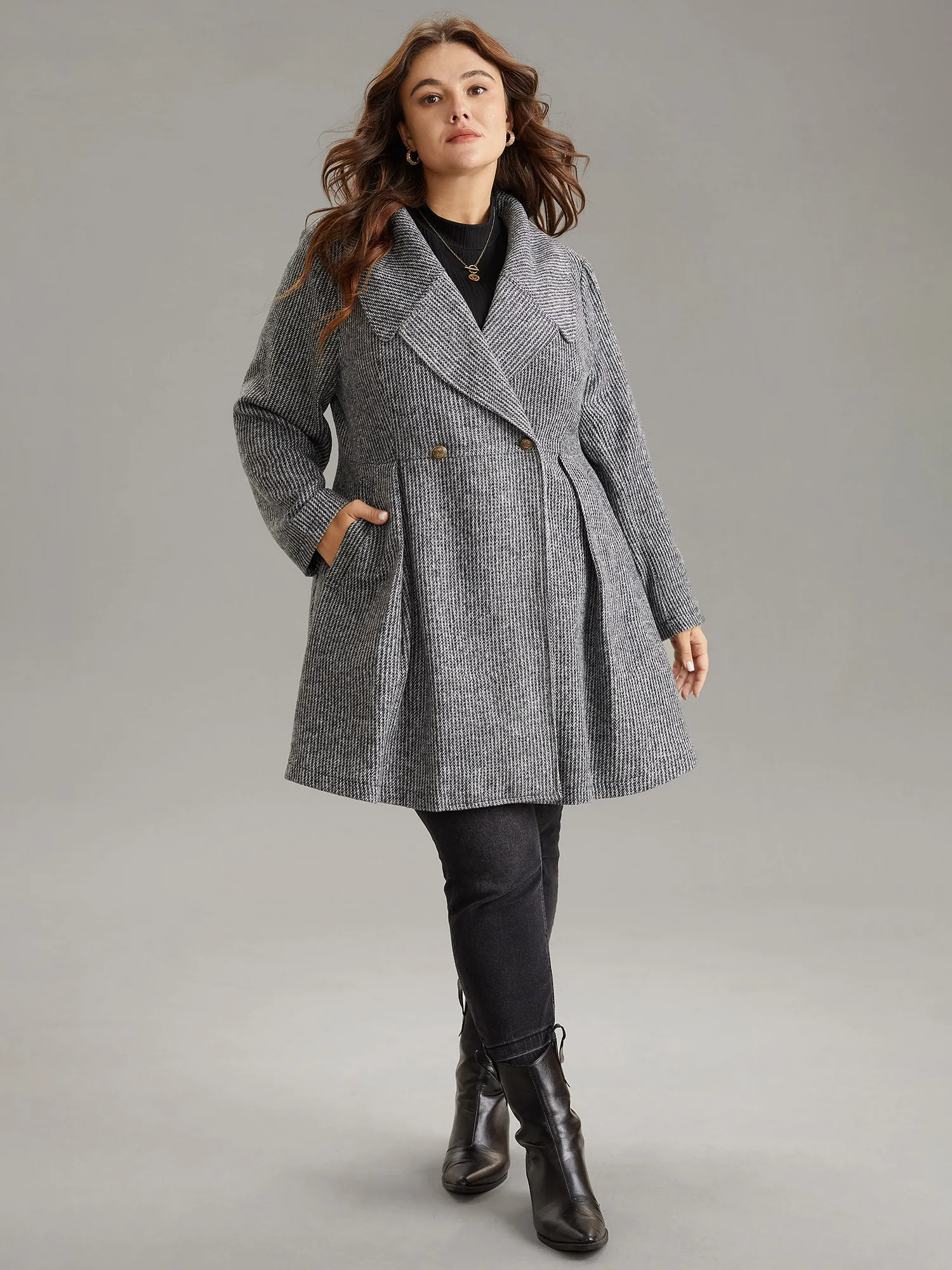 Tweed Lapel Collar Double Breasted Plicated Detail Coat sold by Bloomchic product image thumbnail 4