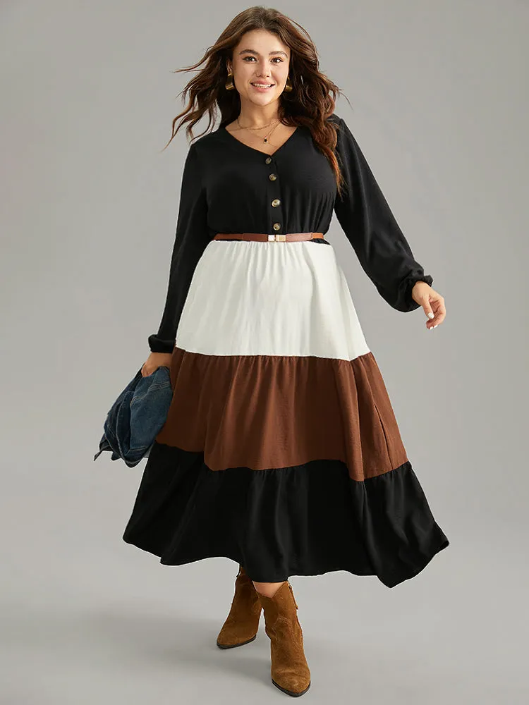 Colorblock Patchwork Lantern Sleeve Button Detail Dress sold by Bloomchic