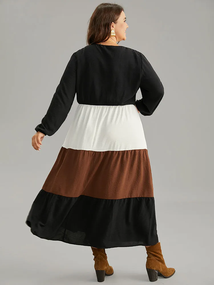 Colorblock Patchwork Lantern Sleeve Button Detail Dress sold by Bloomchic product image thumbnail 4