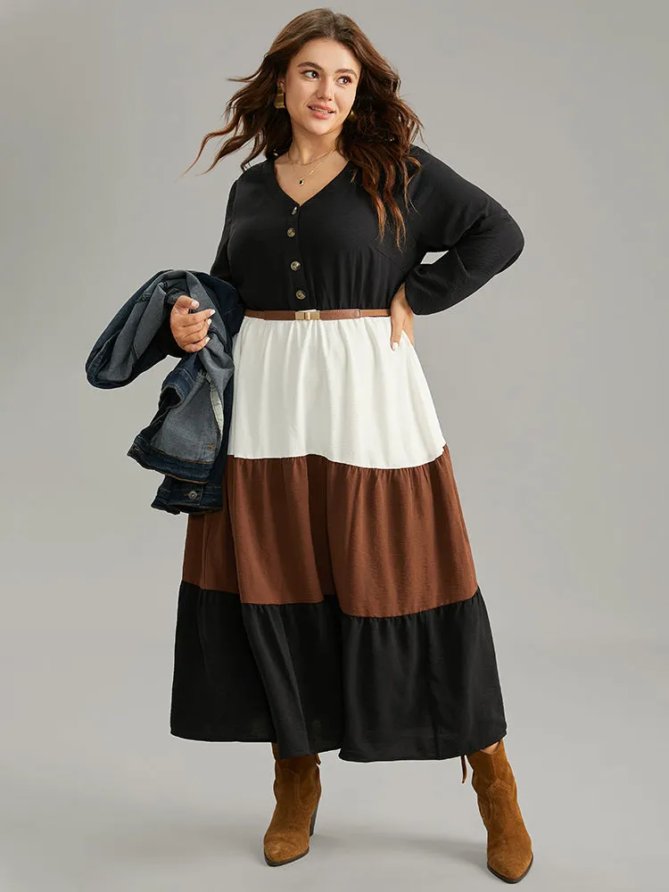 Colorblock Patchwork Lantern Sleeve Button Detail Dress sold by Bloomchic product image thumbnail 3
