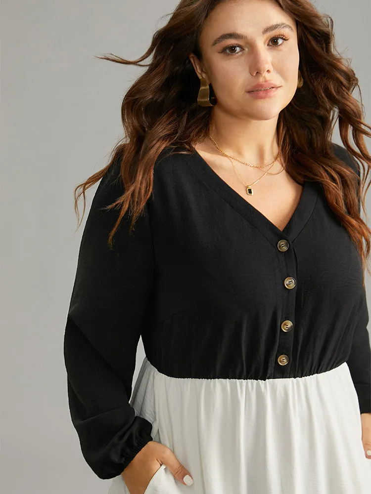 Colorblock Patchwork Lantern Sleeve Button Detail Dress sold by Bloomchic product image thumbnail 5