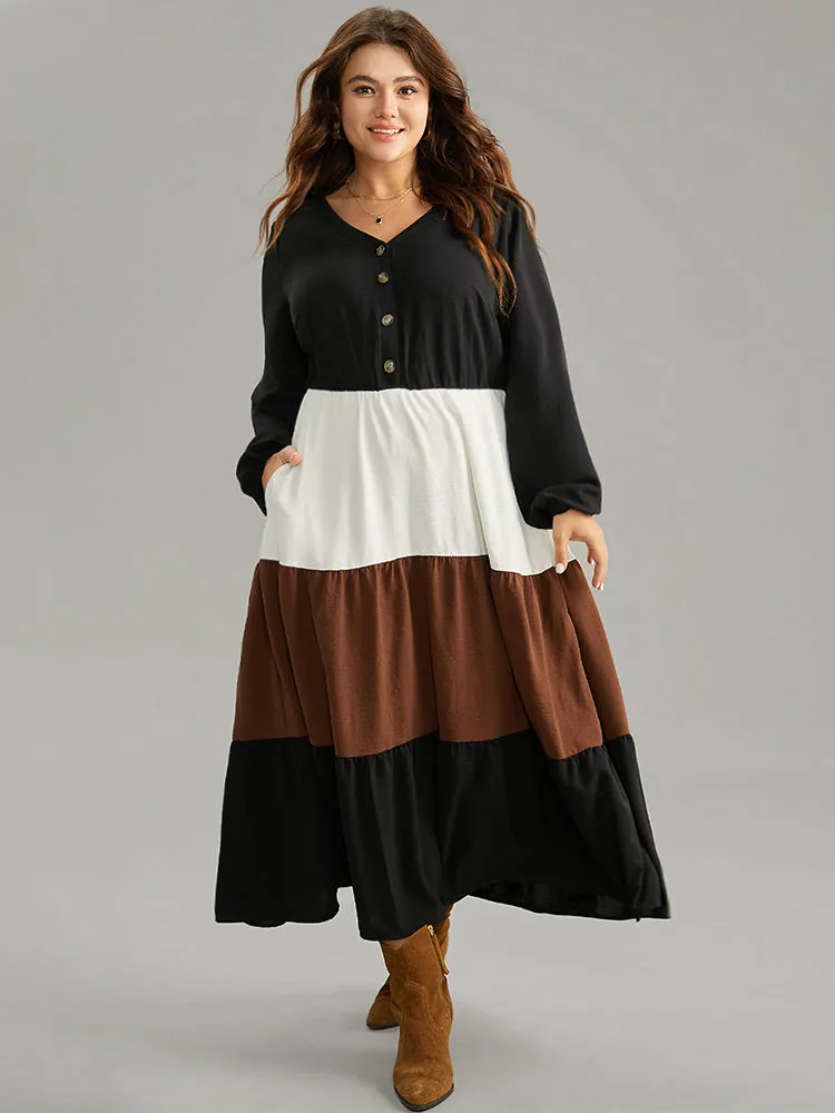 Colorblock Patchwork Lantern Sleeve Button Detail Dress sold by Bloomchic product image thumbnail 2