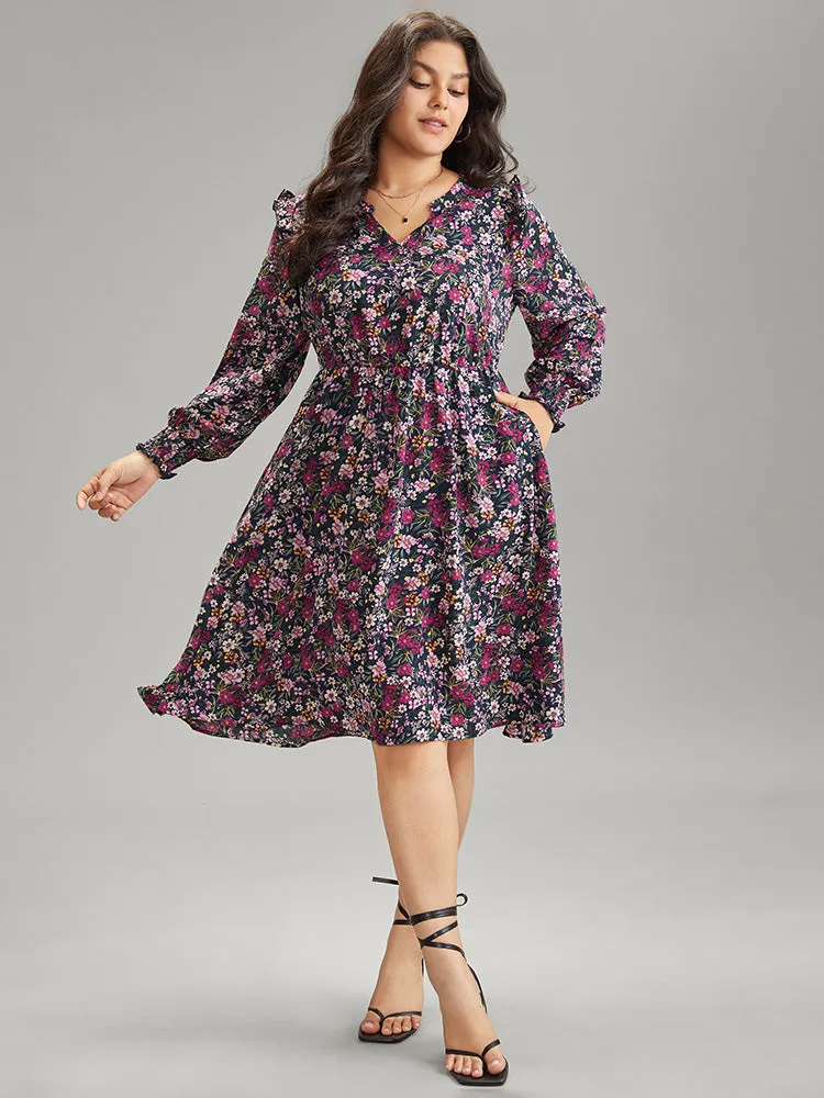 Ditsy Floral Notched Pocket Shirred Cuffs Dress sold by Bloomchic