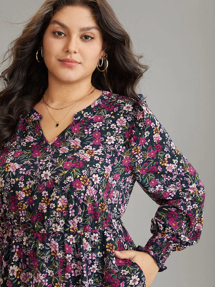 Ditsy Floral Notched Pocket Shirred Cuffs Dress sold by Bloomchic product image thumbnail 4