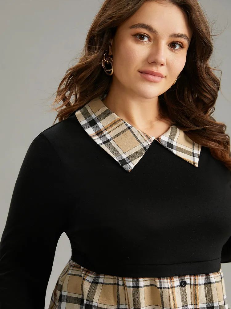 Plaid Patchwork Button Detail Lapel Collar T-shirt sold by Bloomchic product image thumbnail 3